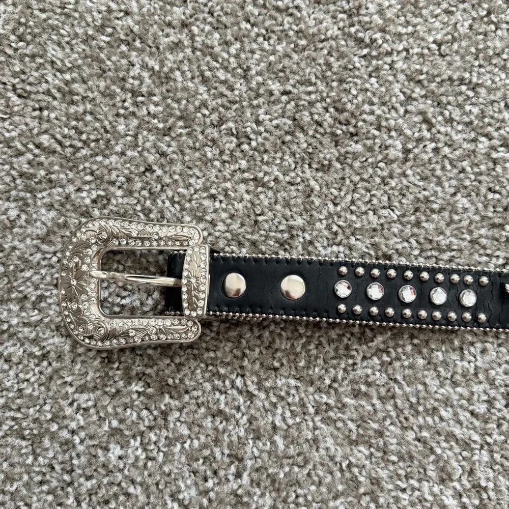 Nocona Leather Belt 26 Black Studded Rhinestone Sliver Bling Cowgirl Y2K Boho‎